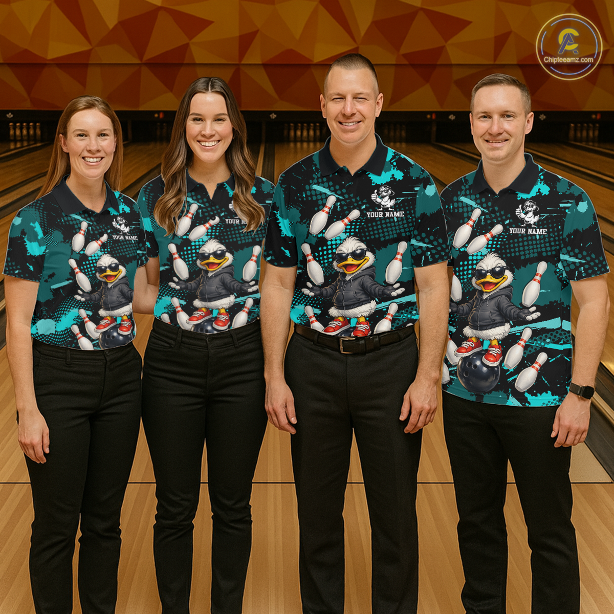 Custom Turquoise Funny Duck Bowling Shirt for Men Bowling Jersey Polo & 1/4 Zip Bowling Outfit QZT943