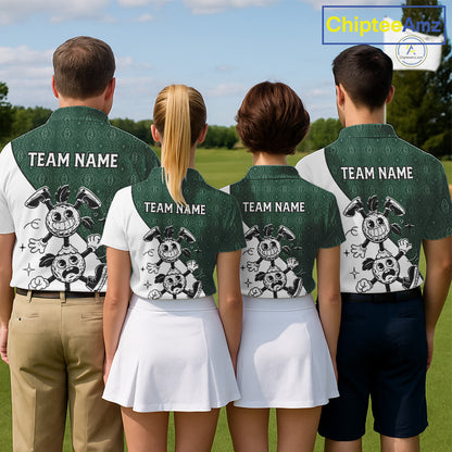 Green White Funny Golf Ball Pattern Womens Golf Polo Shirts Custom Golf Outfits Ladies, Green Golf Tops NHT784