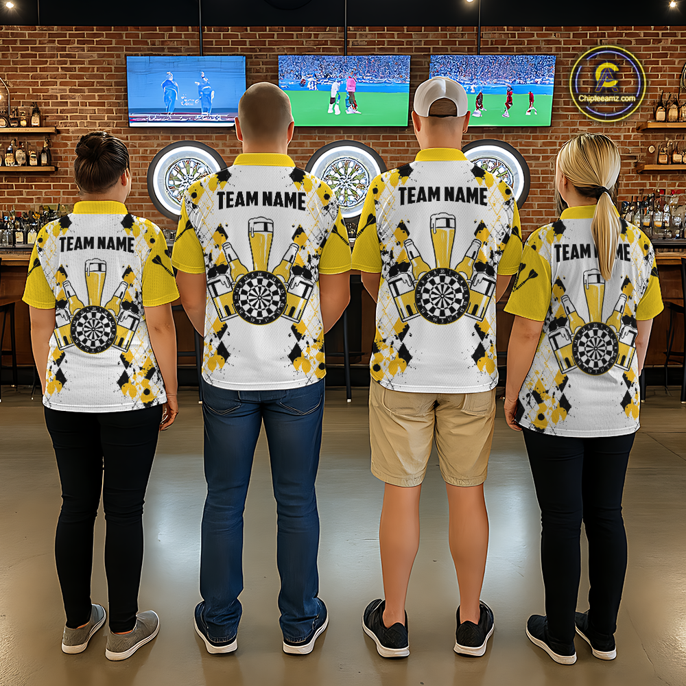 Custom Funny Beer Dart Shirt Argyle Dart Team Jersey for Men Dartboard Polo & Quarter-Zip Shirts DHT14