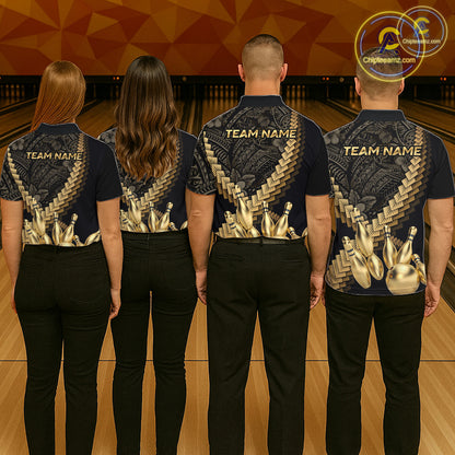 Custom Black and Gold tribal pattern Bowling Polo, 1/4 zip Shirts For Men, Team Bowling League jersey NQS11591