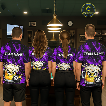 Custom Purple Funny Beer Billiard Shirt for Men Billiard Jersey 8 Ball Pool Shirt Outfit BHT23