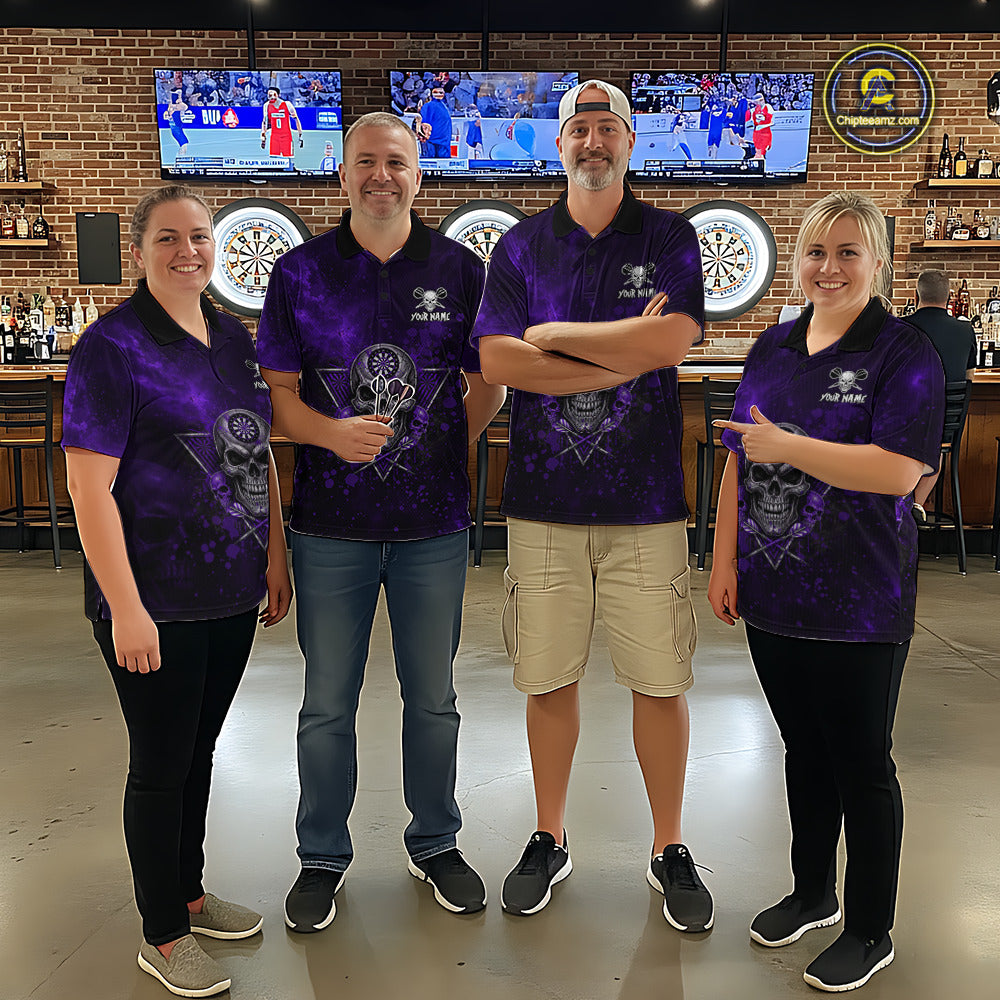 Custom Purple Splatter Multi-Skull Women Darts Arrow Quarter-Zip League Shirts Dart Team Jerseys NYN2202