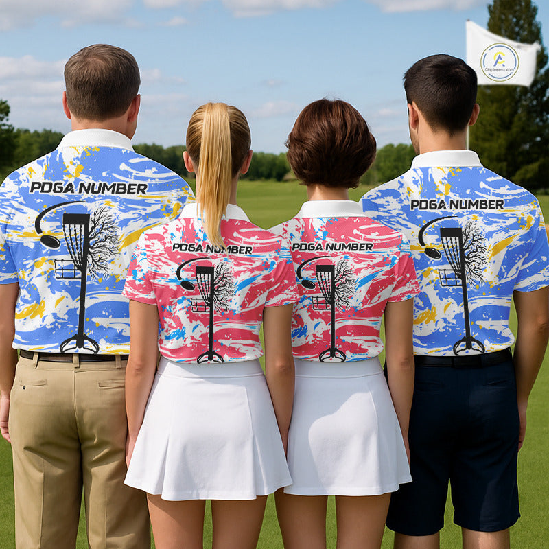 Camo Womens Disc Golf Polo Shirt Custom Name Pink Disc Golf Basket Apparel Team Disc Golf Outfit NHN0027