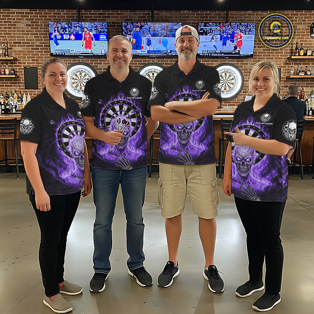 Black Purple Flaming Skeleton Darts Custom Men's Dart Polo Shirts Team Dart League Jerseys NYN2074