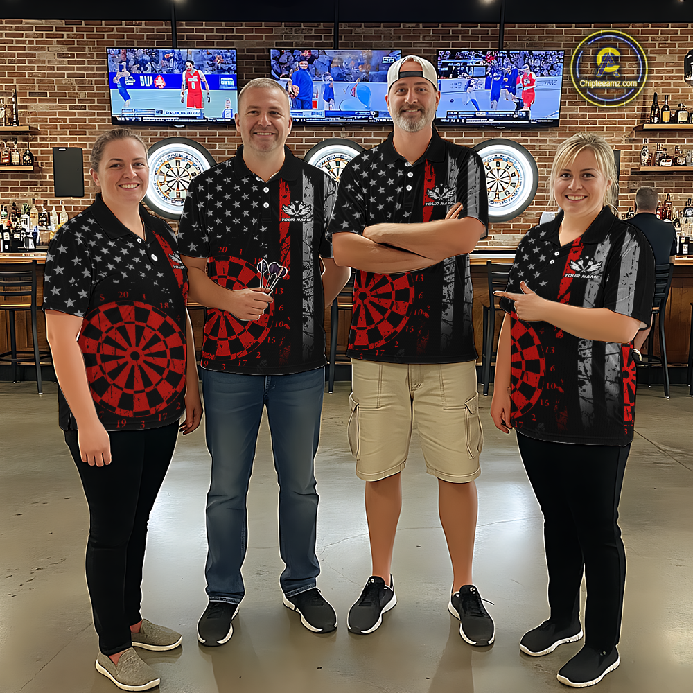 Custom Red US Flag Darts Shirt for Men Darts Team Jerseys Dart Tournament Polo & 1/4 Zip NNT116