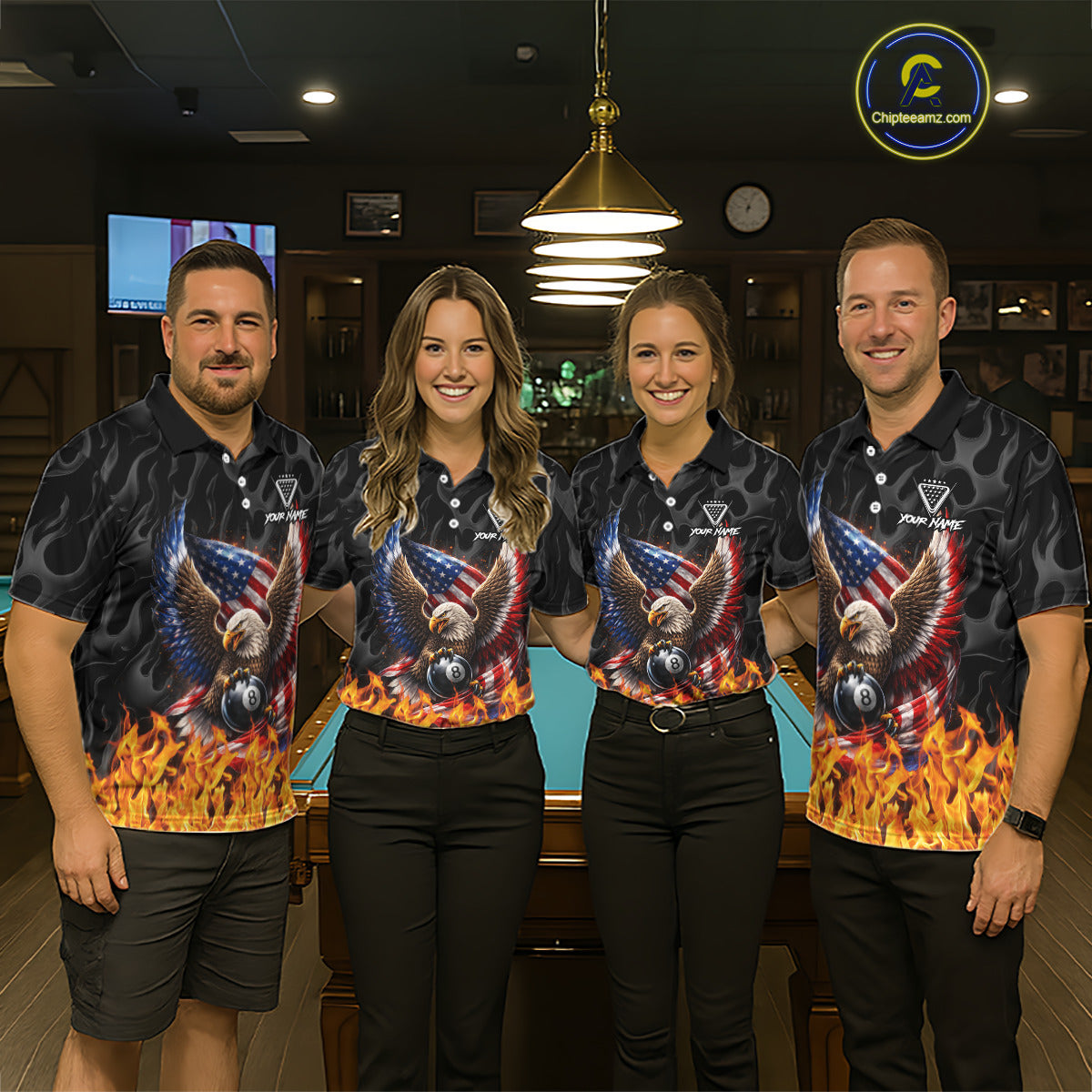 Personalized Fire Flame US Flag Eagle 8 Ball Pool Billiard Shirts For Women Patriotic Billiard Gifts NYN2793