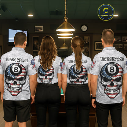 Personalized White Grunge American Flag Skull Pool 8 Ball Women's Billiard Team Shirt Billiard Attire NYN2671