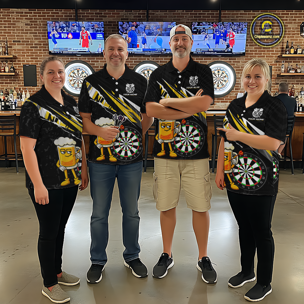 Custom Yellow Funny Beer Dart Shirts for Men Darts Team Jerseys Dart Tournament Polo & 1/4 Zip NNT139