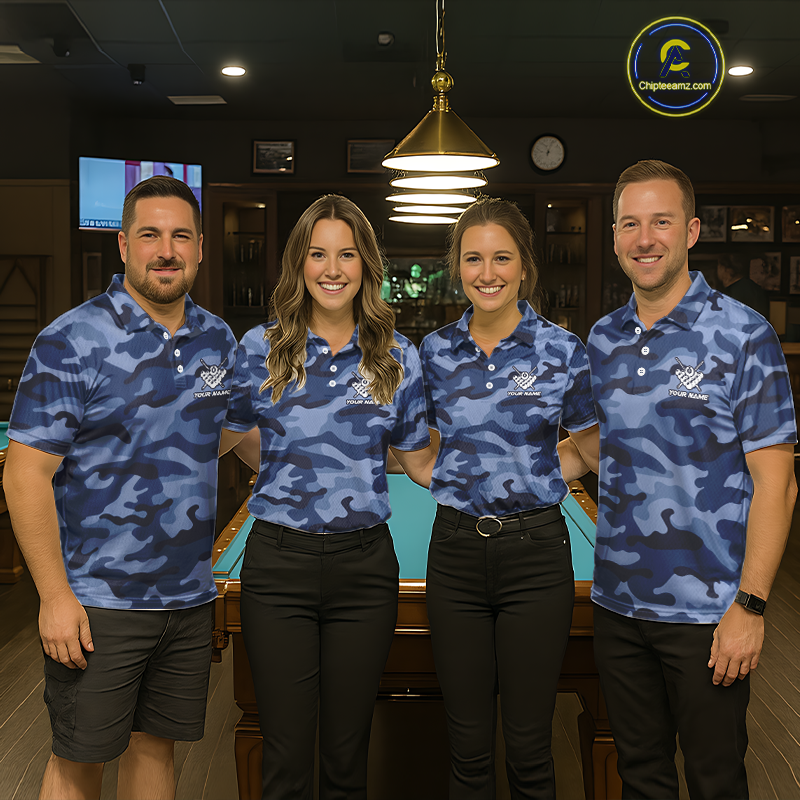 Custom Blue Camo 8 Ball Billiard Shirts for Men Billiard League Billiard Team Shirts NNT106