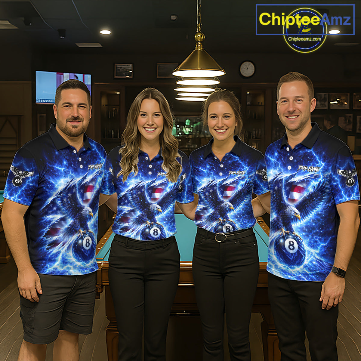 Torn US Flag Thunder Eagle Pool 8 Ball Men Billiard Shirt Custom Patriotic Billiard Apparel|Blue NYN2638