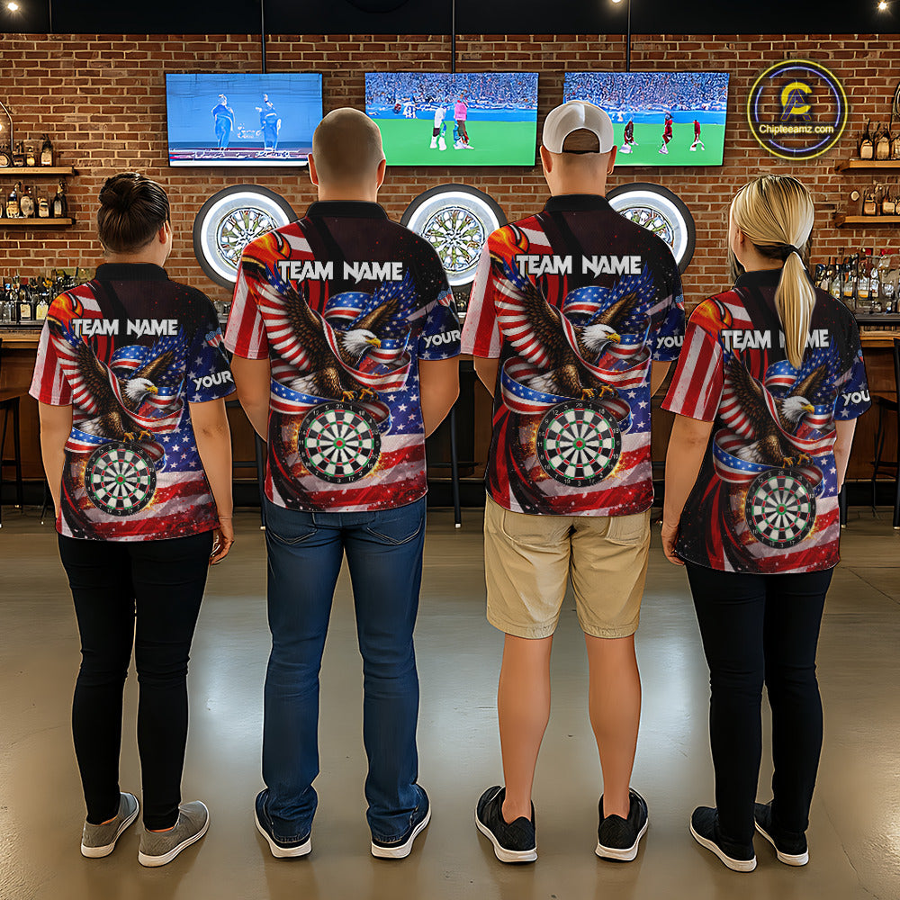 Custom US Flag Funny Eagle Dartboard Darts Men Polo & 1/4-Zip Shirts Patriotic Dart Team Jerseys NYN2805