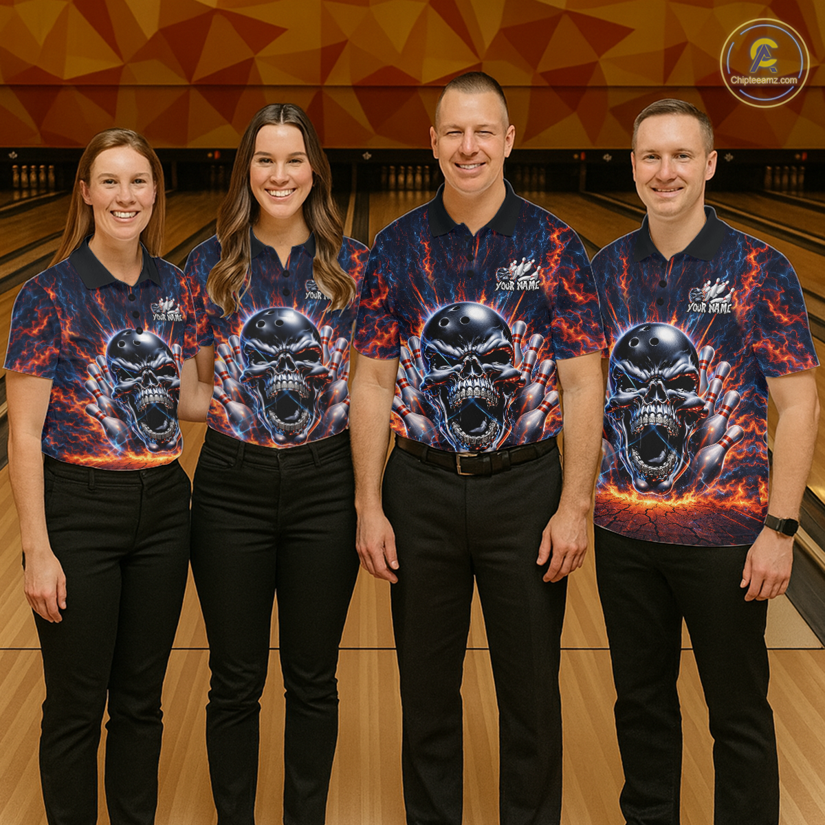 Custom Skull Bowling Jersey for Women - Flaming Strike Personalize Bowling Team Shirt Polo & 1/4 Zip HNT215