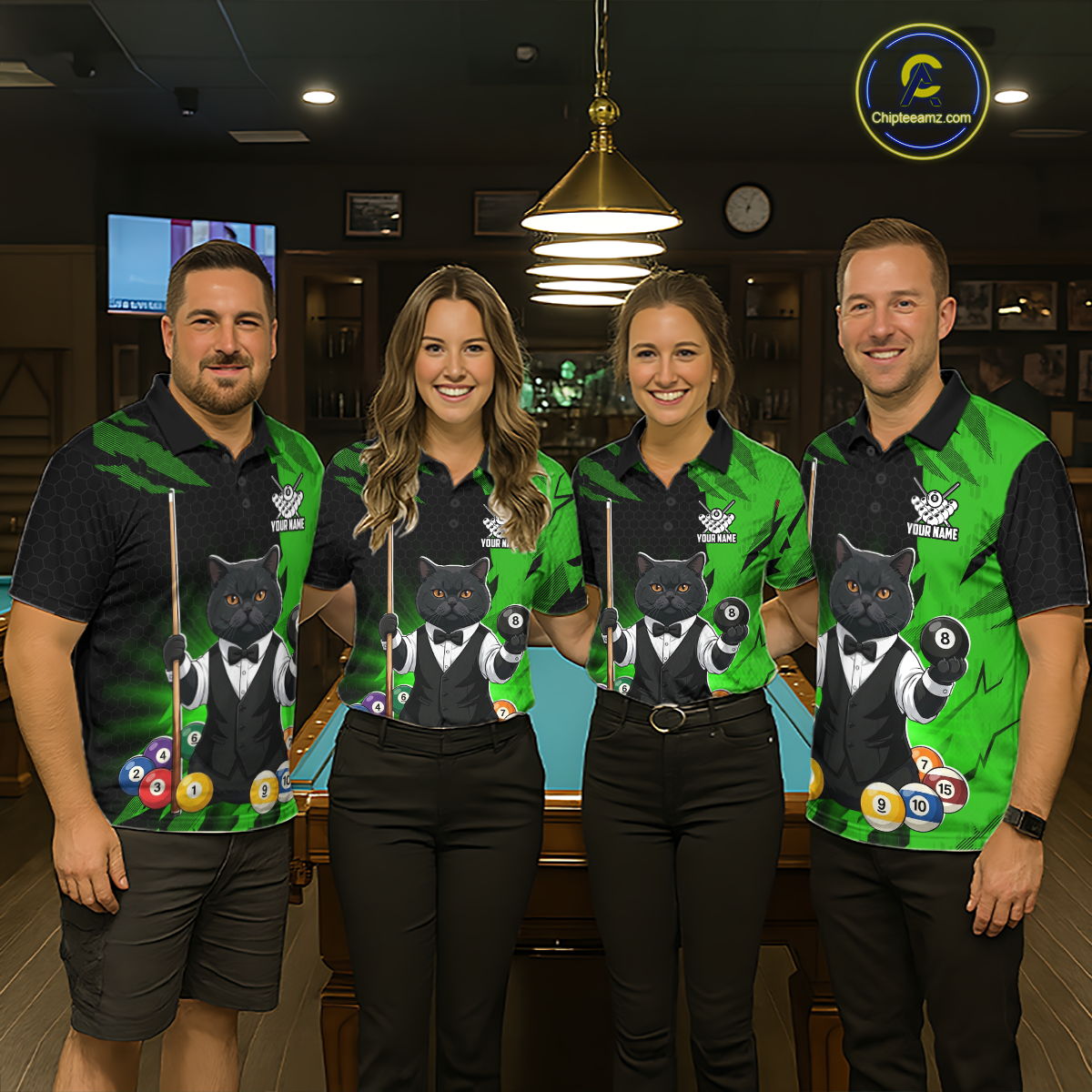 Custom Black Cat 8 Ball Pool Shirts Green Billiard Shirt for Men Billiard Team Jersey Billiard Gift NNT181