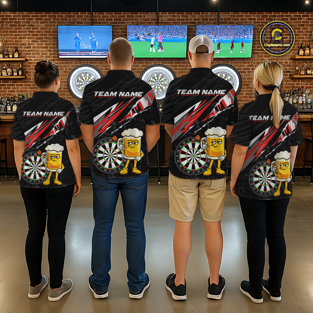Custom Red Funny Beer Dart Shirts for Men Darts Team Jerseys Dart Tournament Polo & 1/4 Zip NNT139