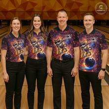 Load image into Gallery viewer, Custom Galaxy Funny Cat Bowling Shirt for Men Bowling League Jersey Polo &amp; Quarter-Zip Bowling Outfit QZT917
