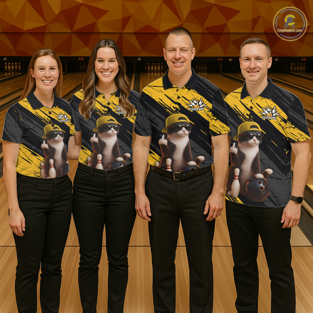 Custom Funny Cat Yellow Bowling Jersey for Men Bowling Polo & 1/4 Zip Bowling Team Shirts HNT198
