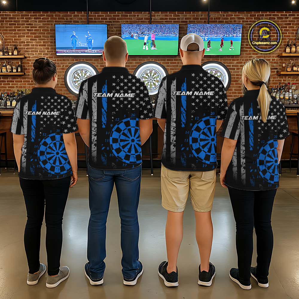 Custom Blue US Flag Darts Shirt for Women Darts Team Jerseys Dart Tournament Polo & 1/4 Zip NNT116