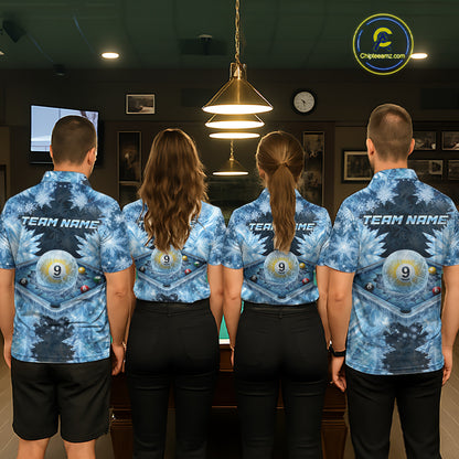 Icy Pattern Blue 9 Ball Pool Billiard Team Shirt For Women Custom Snowflake Billiards Ball Attire NYN3043