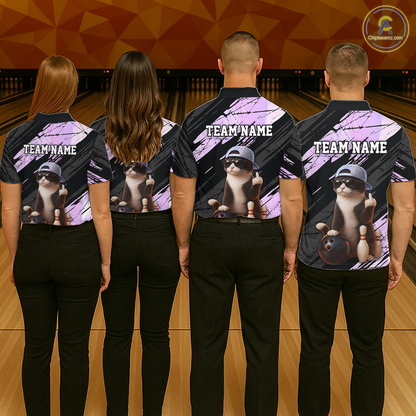 Custom Funny Cat Holographic Bowling Jersey for Women Bowling Polo & 1/4 Zip Bowling Team Shirts HNT198