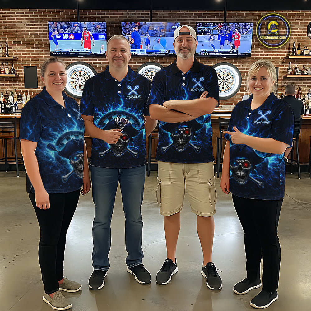 Blue Dartboard & Arrow Fire Flame Pirate Dart Polo Shirts For Men Custom Dart Team Jerseys NYN2726