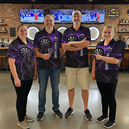 Grunge Purple Grim Reaper Men Darts Polo & 1/4-Zip Shirts Custom Thunder Lightning Darts Team Jersey NYN3037