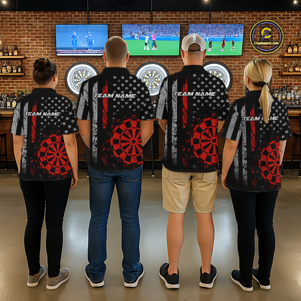 Custom Red US Flag Darts Shirt for Men Darts Team Jerseys Dart Tournament Polo & 1/4 Zip NNT116