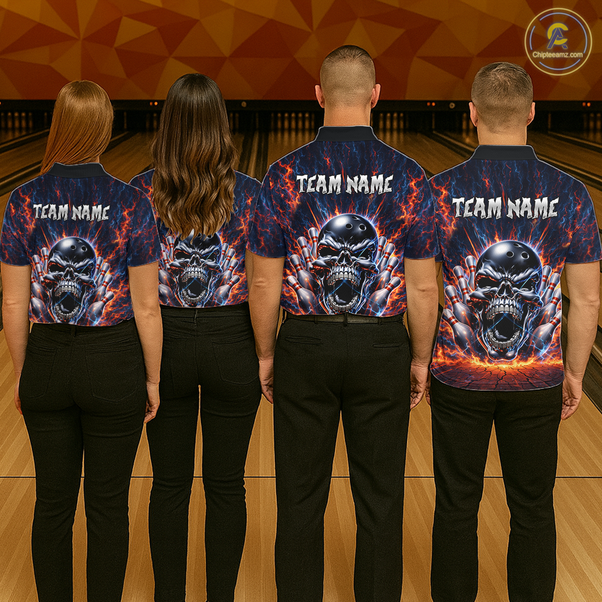 Custom Skull Bowling Jersey for Women - Flaming Strike Personalize Bowling Team Shirt Polo & 1/4 Zip HNT215