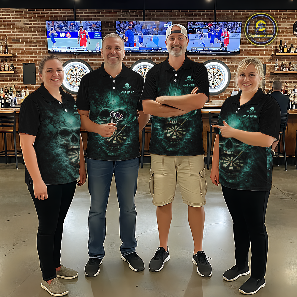 Cracked Grunge Teal Smokes Skull Dartboard Men Darts Polo Shirt Personalized Darts Team Jerseys NYN2598