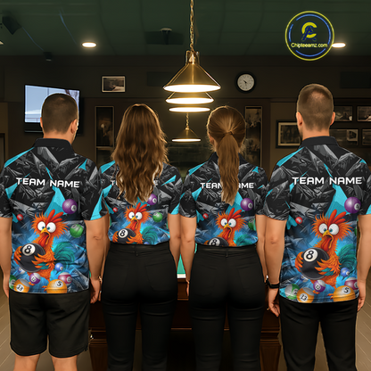 Custom Funny Turquoise Chicken 8 Ball Pool Billiard Shirt for Men Polo & 1/4 Zip, Billiard Team Jerseys NNT148
