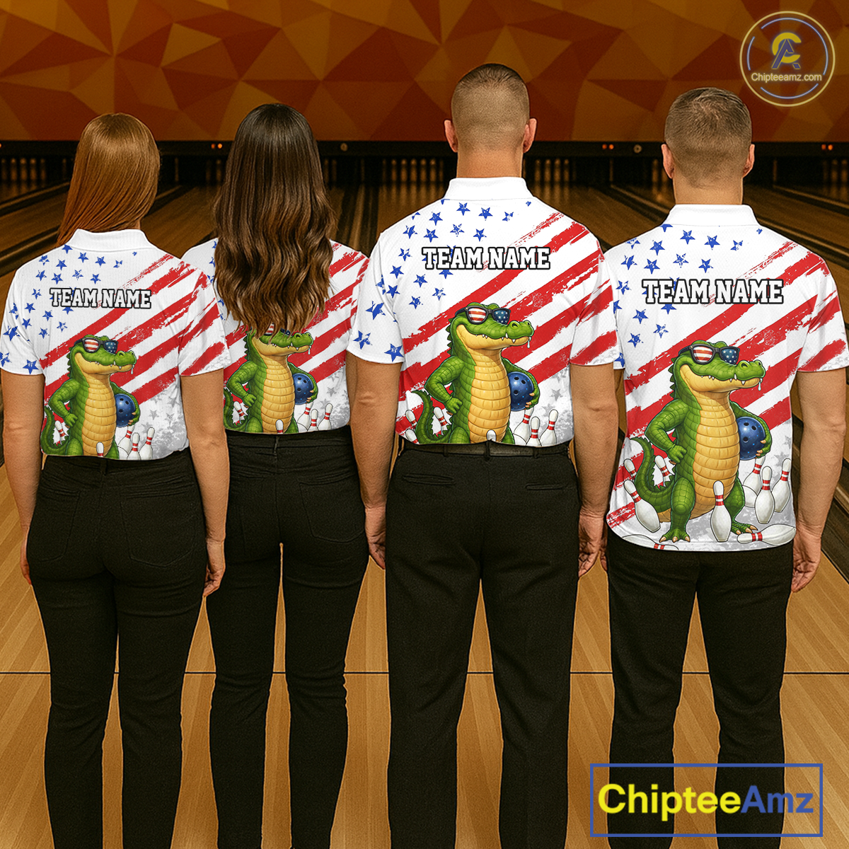 Custom US Flag Funny Alligator Bowling shirts for Women, Crocodile Bowling Team Jerseys HNT206