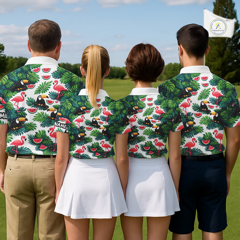 Funny Mens Golf Polo Shirt Custom Floral Tropical Leaf Pattern Flamingo Golf Shirt For Men NHN0193