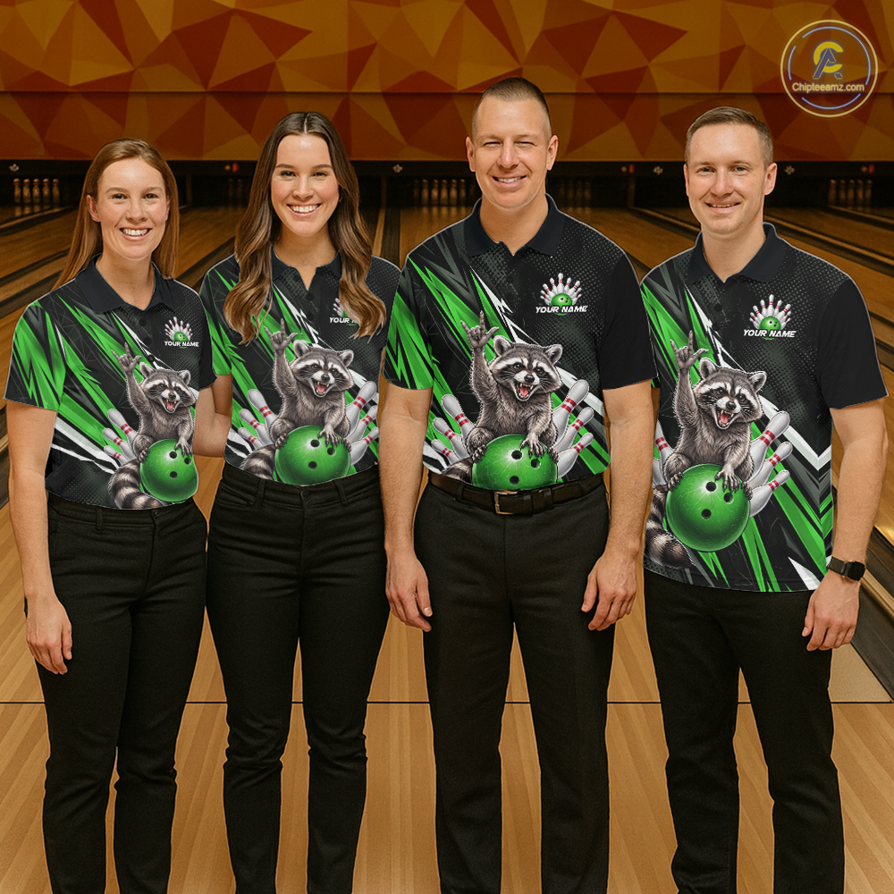 Custom Green Raccoon Bowling Jersey for Women Bowling Team Shirts Bowling Polo & 1/4 Zip HNT254