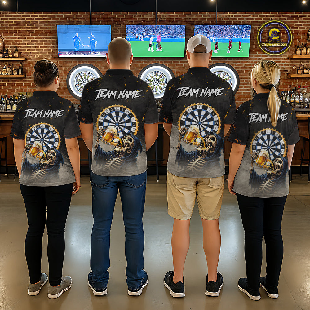 Personalized Funny Grim Reaper Play Darts & Beer Polo & 1/4-Zip Shirts For Men Dart Team Jerseys NYN2815