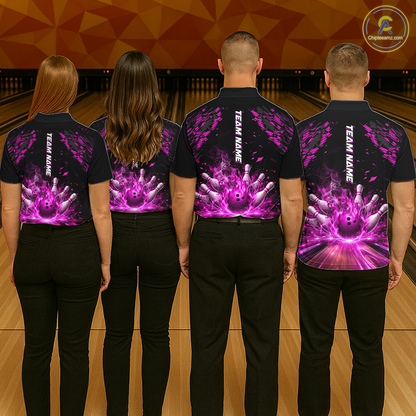 Custom Pink Flame Bowling Team Shirt for Men Polo & 1/4-Zip Bowling Jersey Bowling League Uniform QZT866