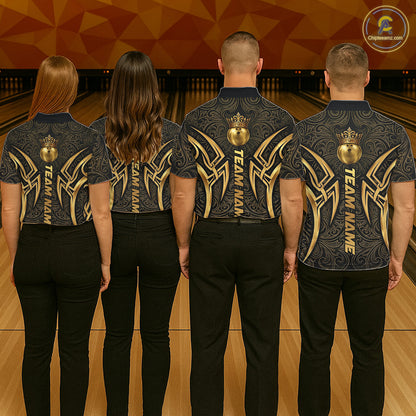 Black And Gold Crown Bowling Ball Polo & 1/4-Zip Shirts For Men Custom Tribal Bowling Team Jerseys NYN3124