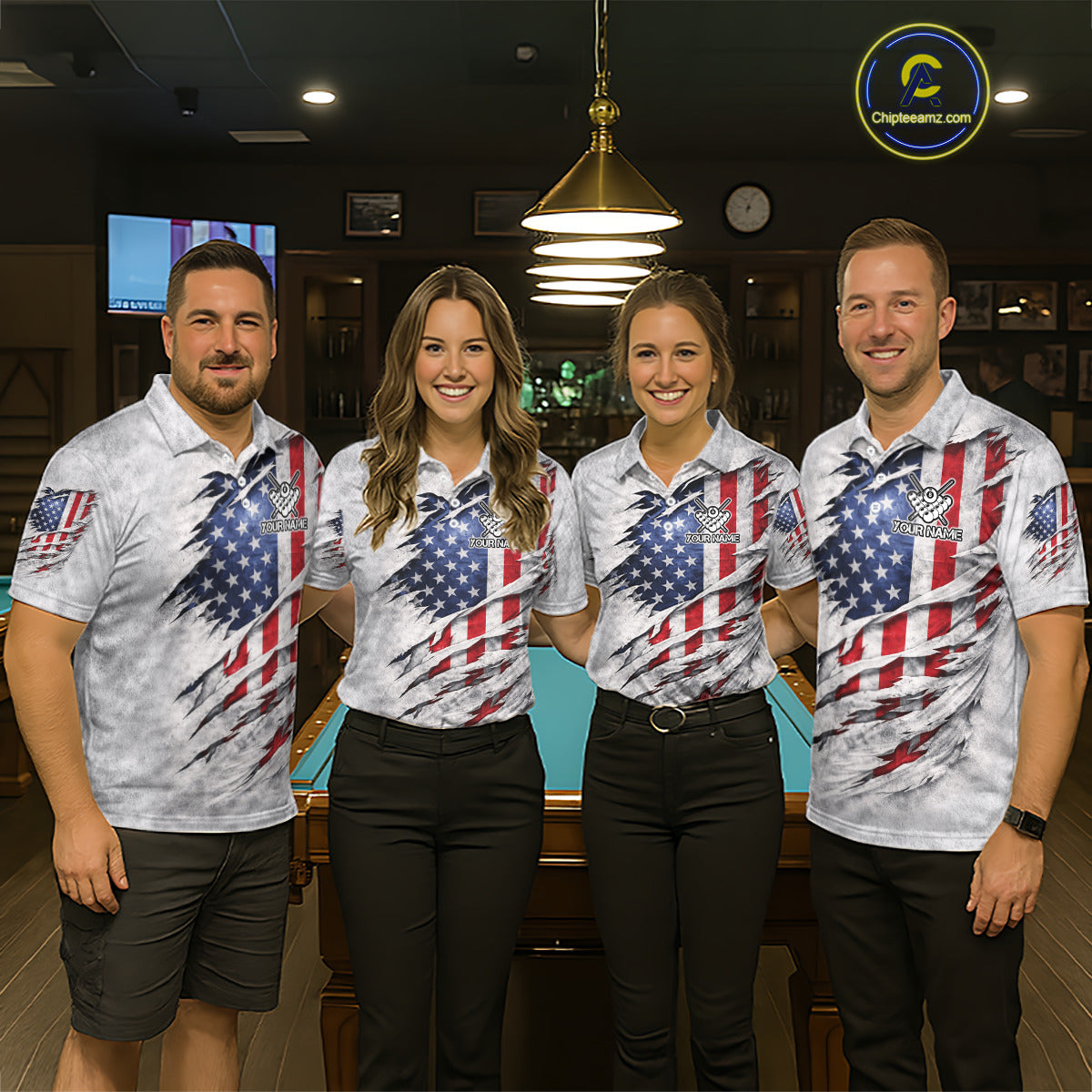 Personalized White Grunge American Flag Skull Pool 8 Ball Women's Billiard Team Shirt Billiard Attire NYN2671