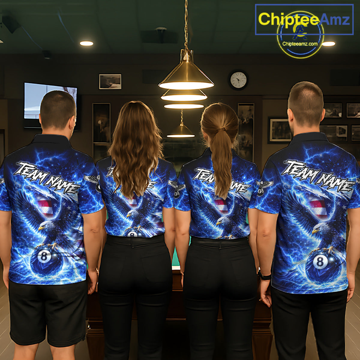 Torn US Flag Thunder Eagle Pool 8 Ball Men Billiard Shirt Custom Patriotic Billiard Apparel|Blue NYN2638
