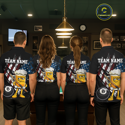 Custom Funny US Flag Beer 8 Ball Pool Men Billiard Polo & 1/4 Zip, Billiard Shirt, Billiard Team Jerseys NNT146