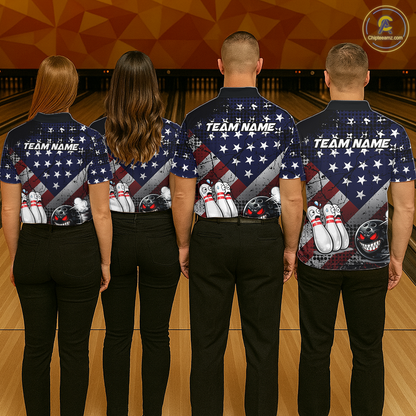 Custom American Flag Funny Bowling Team Shirt for Women Polo & Quarter-Zip Bowling Jersey Blue Red White QZT928