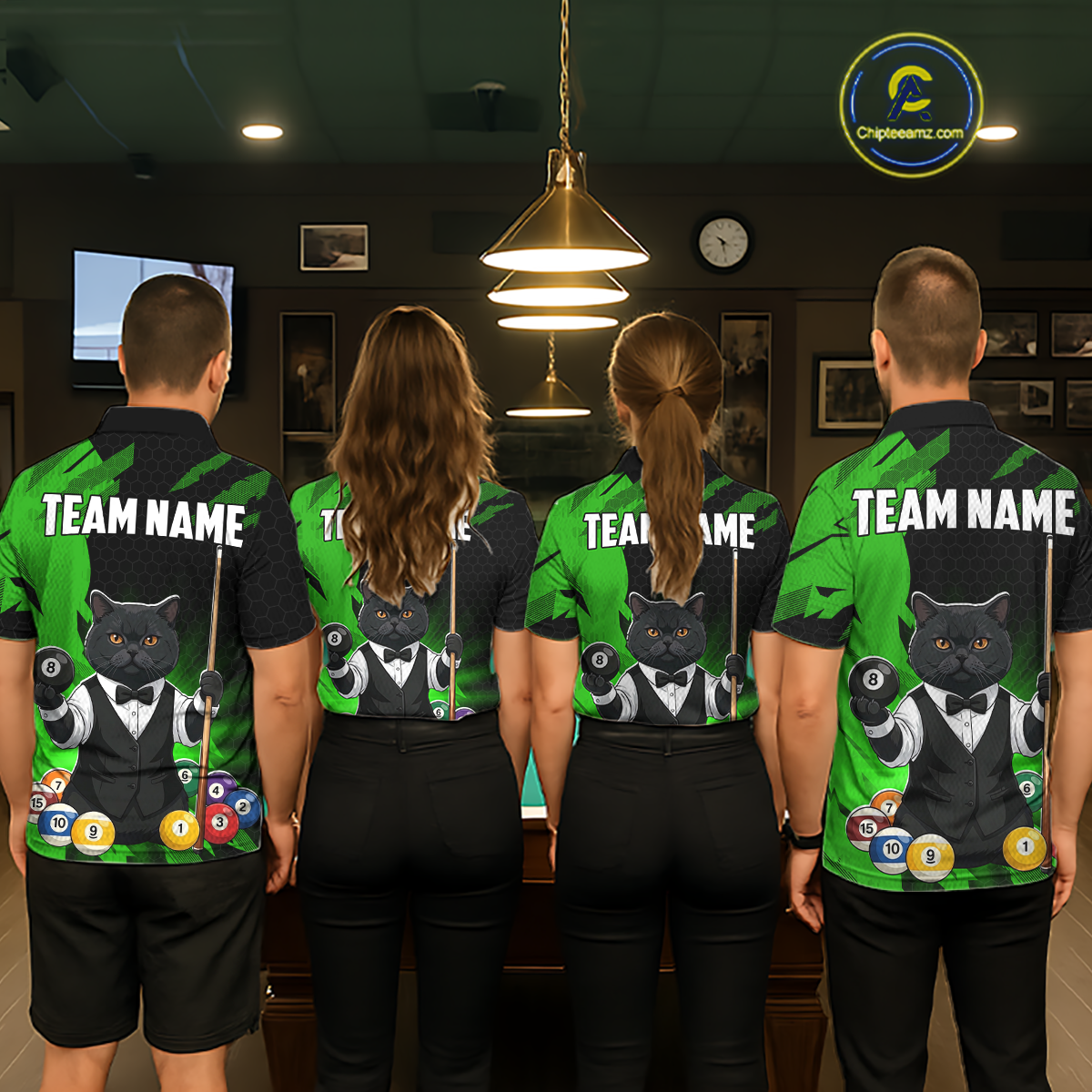 Custom Black Cat 8 Ball Pool Shirts Green Billiard Shirt for Men Billiard Team Jersey Billiard Gift NNT181