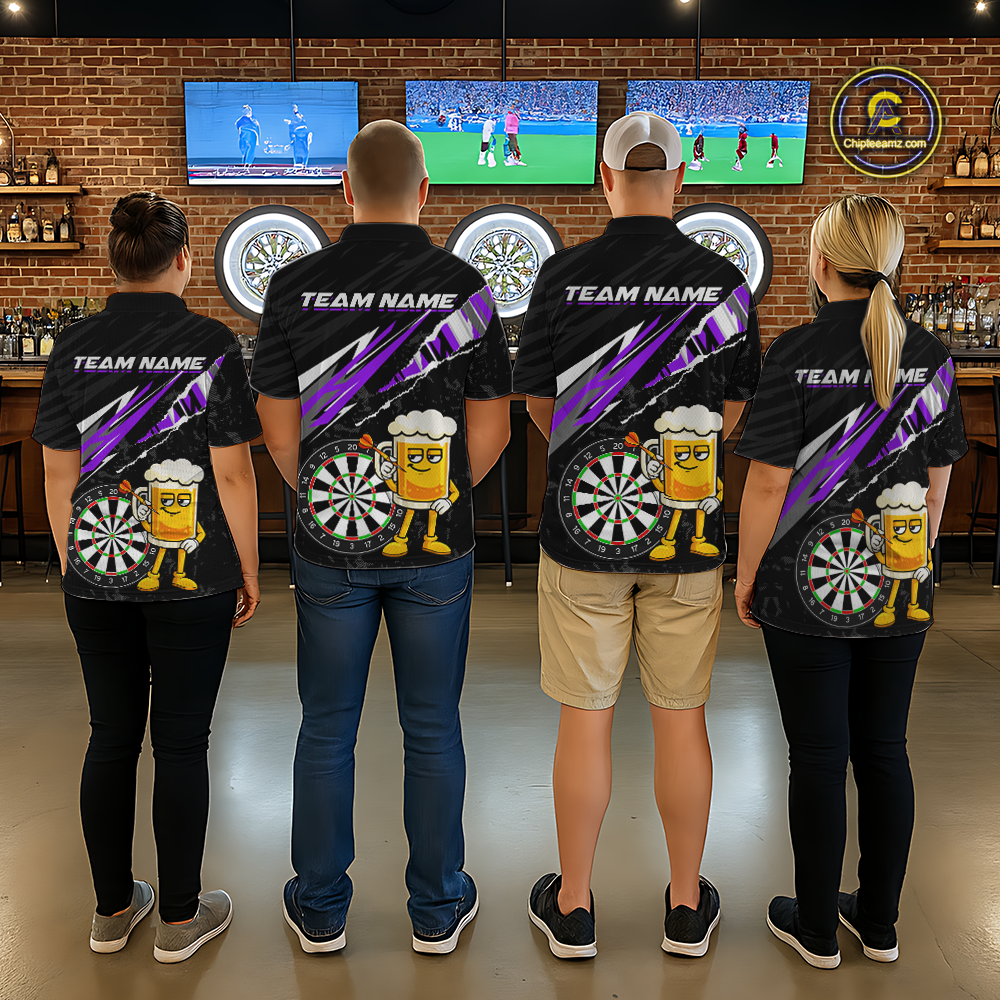 Custom Purple Funny Beer Dart Shirts for Men Darts Team Jerseys Dart Tournament Polo & 1/4 Zip NNT139