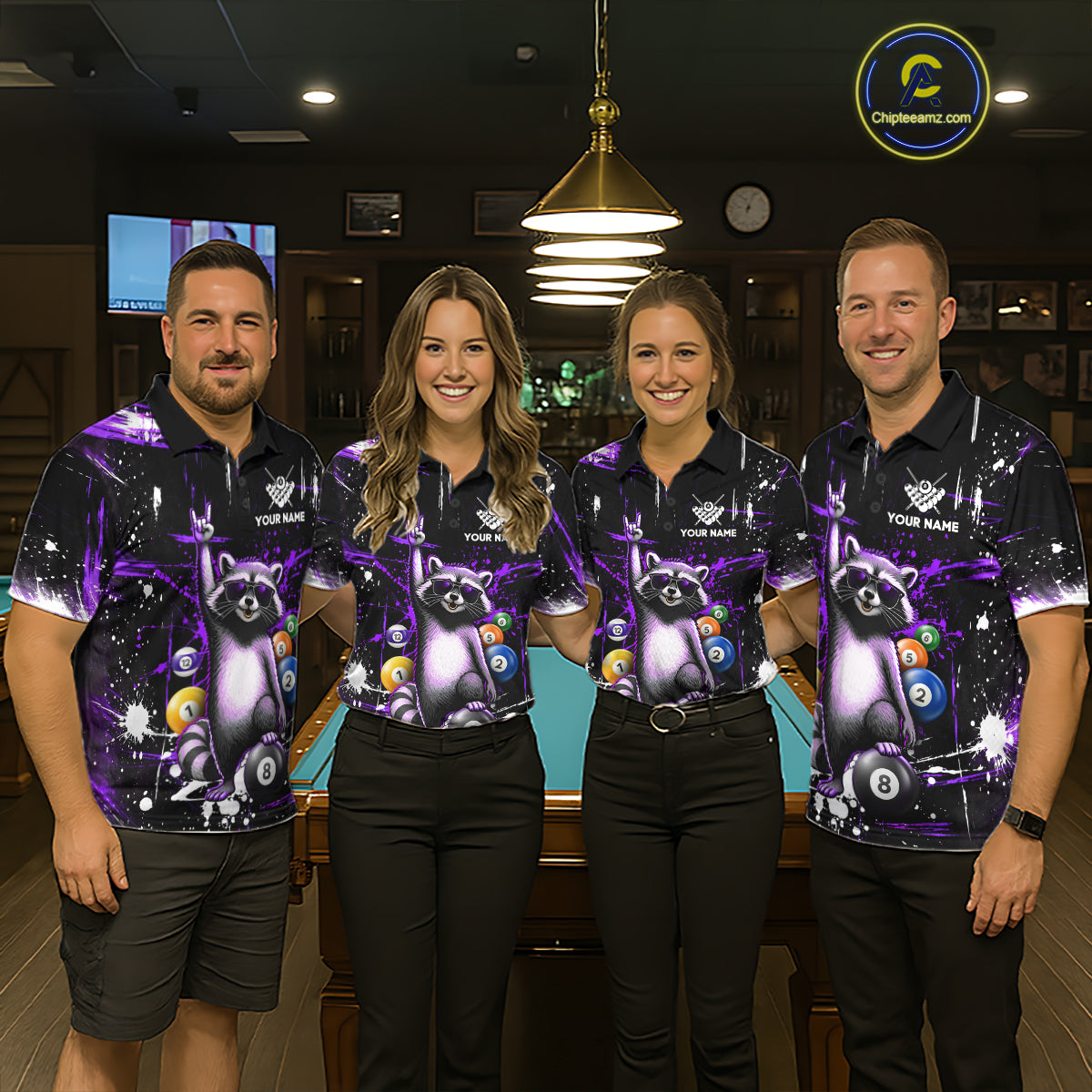 Custom Purple Funny Raccoon Billiard Shirt for Men 8 Ball Pool Billiard Jersey Polo & 1/4-Zip BHT5