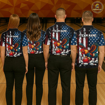 Custom Rooster US Flag Bowling Jersey for Men Bowling Team Shirts Bowling Polo & 1/4 Zip HNT259