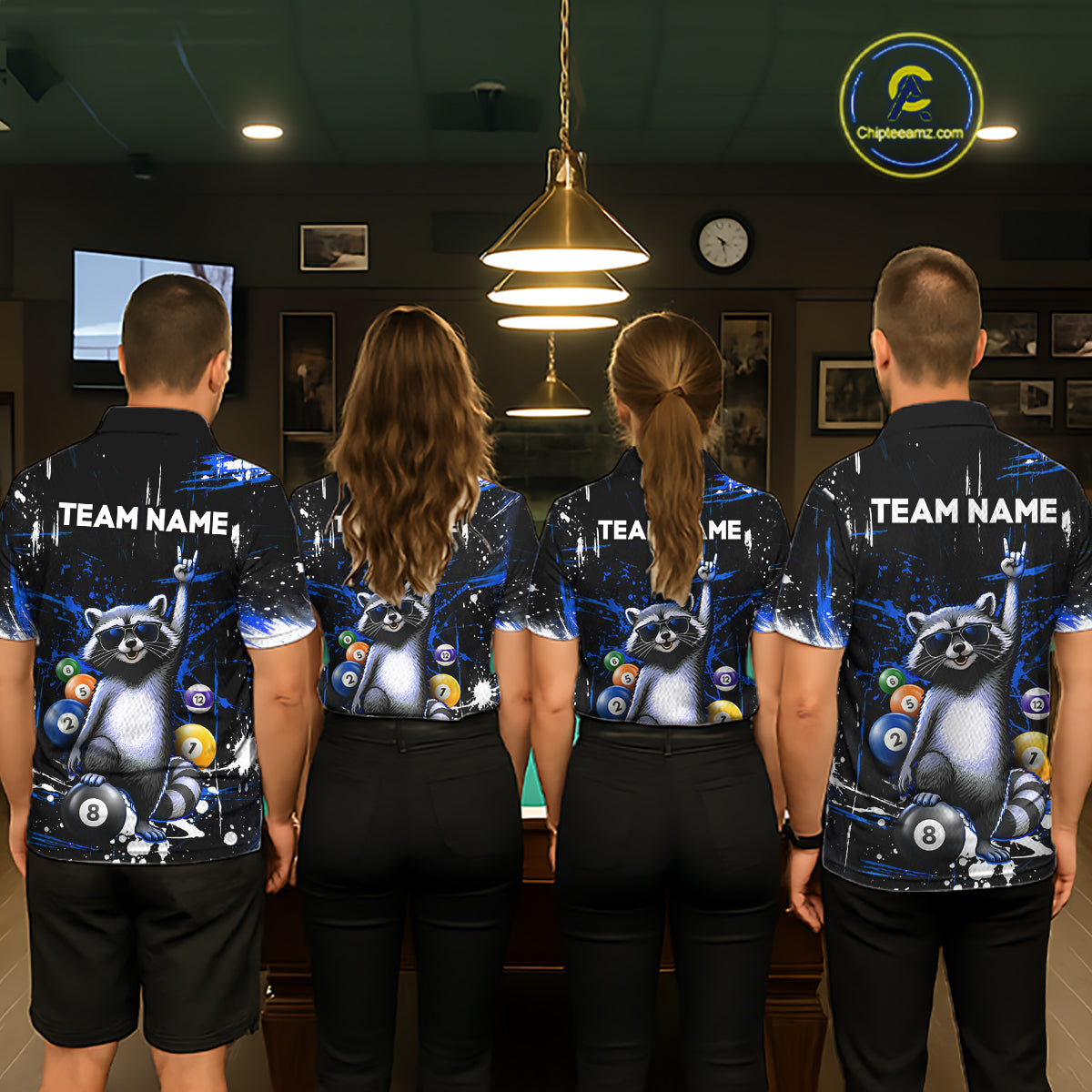 Custom Blue Funny Raccoon Billiard Shirt for Men 8 Ball Pool Billiard Jersey Polo & 1/4-Zip BHT5