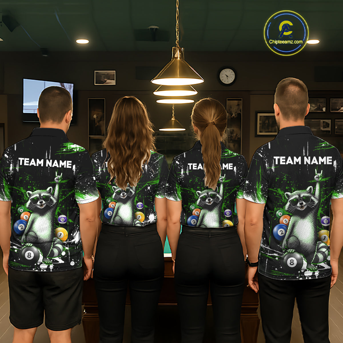 Custom Green Funny Raccoon Billiard Shirt for Women 8 Ball Pool Billiard Jersey Polo & 1/4-Zip BHT5