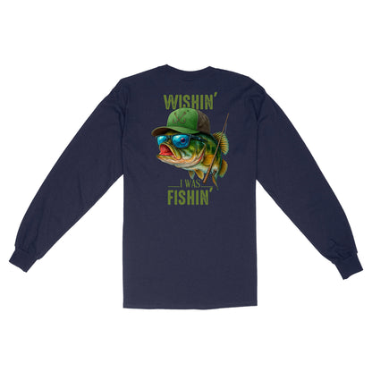 Funny Fishing Shirt Wishin' I Was Fishin Custom Name funny Bass fishing Long Sleeve D03 NQS9898