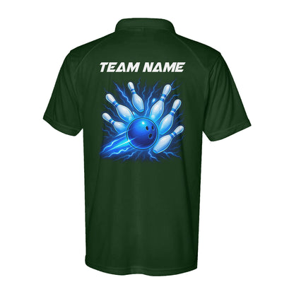 Blue Lightning Thunder Bowling ball and pins custom Team Bowling Performance Polo Shirts D02 NQS9918