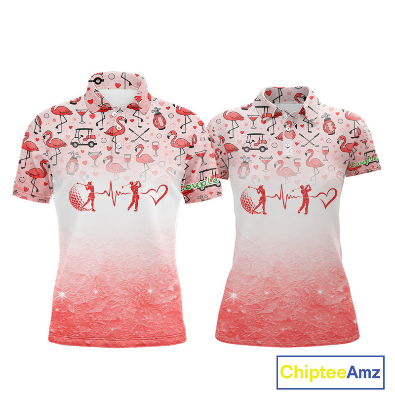 Red Flamingo Heart Theme Matching Golf Polo Shirt For Couple Custom Couple Valentines Outfit NHN0145
