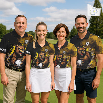 Mens Golf Polo Shirts Custom Yellow And Black Grunge Pattern With Bear Grasping Golf Ball Apparel NHN0063