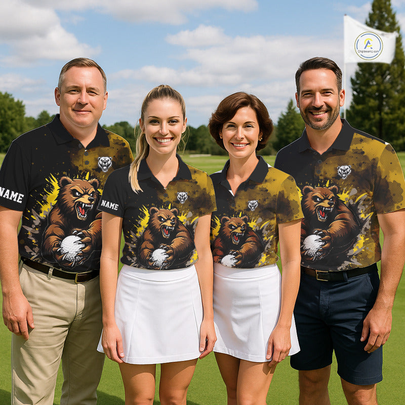 Womens Golf Polo Shirts Custom Yellow And Black Grunge Pattern With Bear Grasping Golf Ball NHN0063
